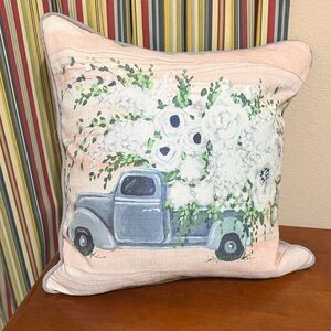 Floral Truck Decorative Throw Pillow in Blush and Blue